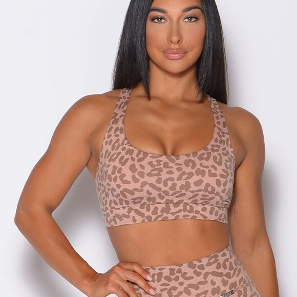 NWT BOMBSHELL SPORTSWEAR Cheetah Racerback Sports Bra XS Desert Tan - Picture 1 of 8